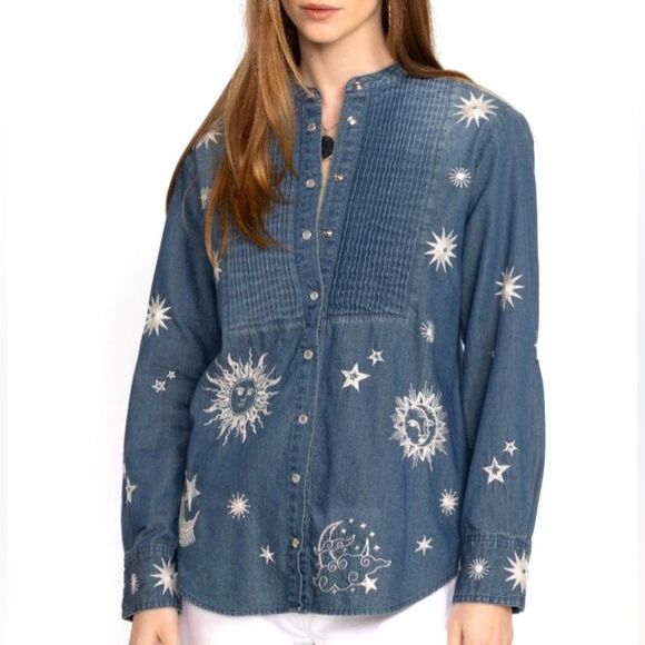 NEW Johnny Was Andromeda Tuxedo Shirt Long Sleeve Snaps Denim Blue Size XS/S - Picture 1 of 7